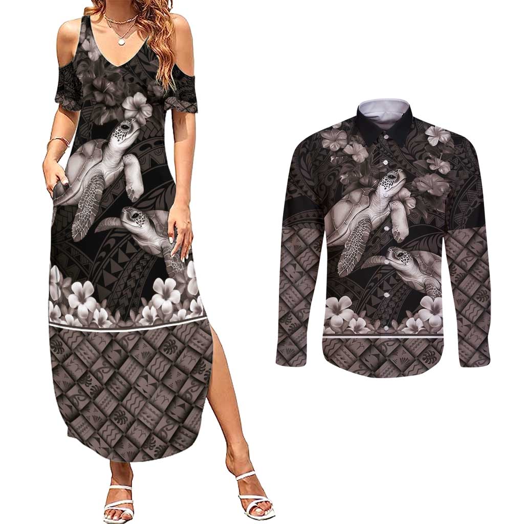 Hawaiian Lei Turtle and Plumeria Couples Matching Summer Maxi Dress and Long Sleeve Button Shirt Polynerian Art Tattoo-Grayscale Mode LT03 Black - Polynesian Pride