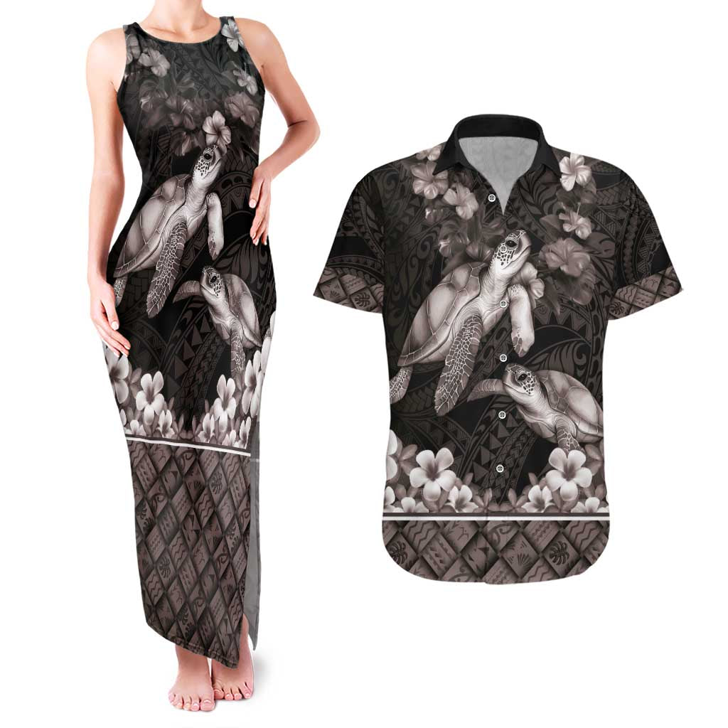 Hawaiian Lei Turtle and Plumeria Couples Matching Tank Maxi Dress and Hawaiian Shirt Polynerian Art Tattoo-Grayscale Mode LT03 Black - Polynesian Pride