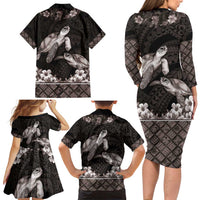 Hawaiian Lei Turtle and Plumeria Family Matching Long Sleeve Bodycon Dress and Hawaiian Shirt Polynerian Art Tattoo-Grayscale Mode