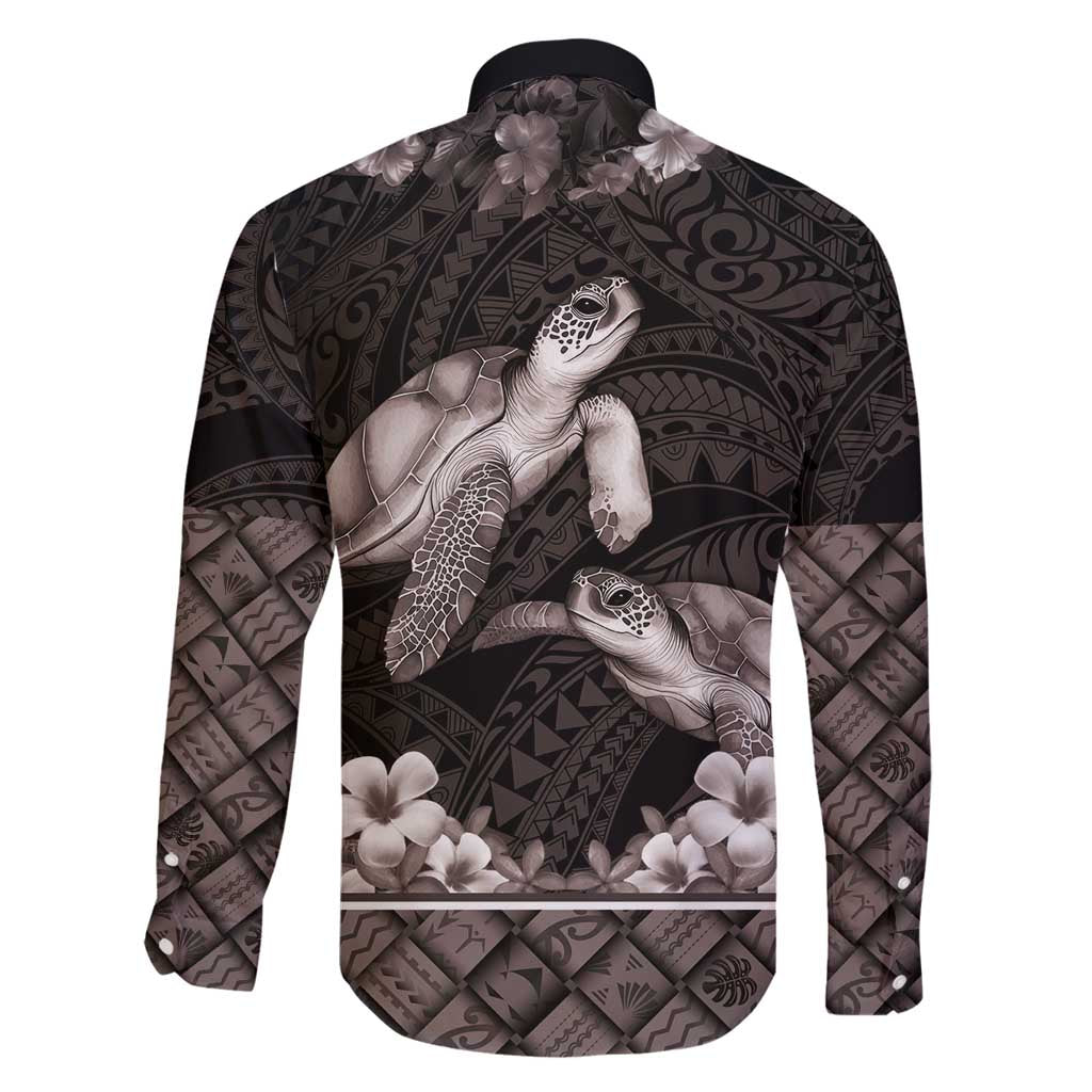 Hawaiian Lei Turtle and Plumeria Family Matching Long Sleeve Bodycon Dress and Hawaiian Shirt Polynerian Art Tattoo-Grayscale Mode