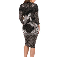 Hawaiian Lei Turtle and Plumeria Family Matching Long Sleeve Bodycon Dress and Hawaiian Shirt Polynerian Art Tattoo-Grayscale Mode