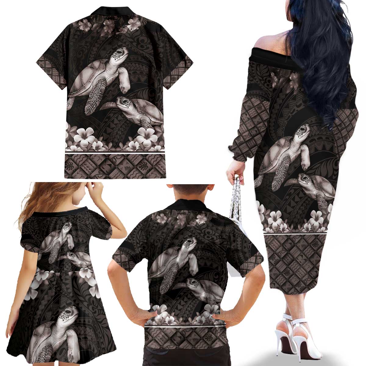 Hawaiian Lei Turtle and Plumeria Family Matching Off The Shoulder Long Sleeve Dress and Hawaiian Shirt Polynerian Art Tattoo-Grayscale Mode