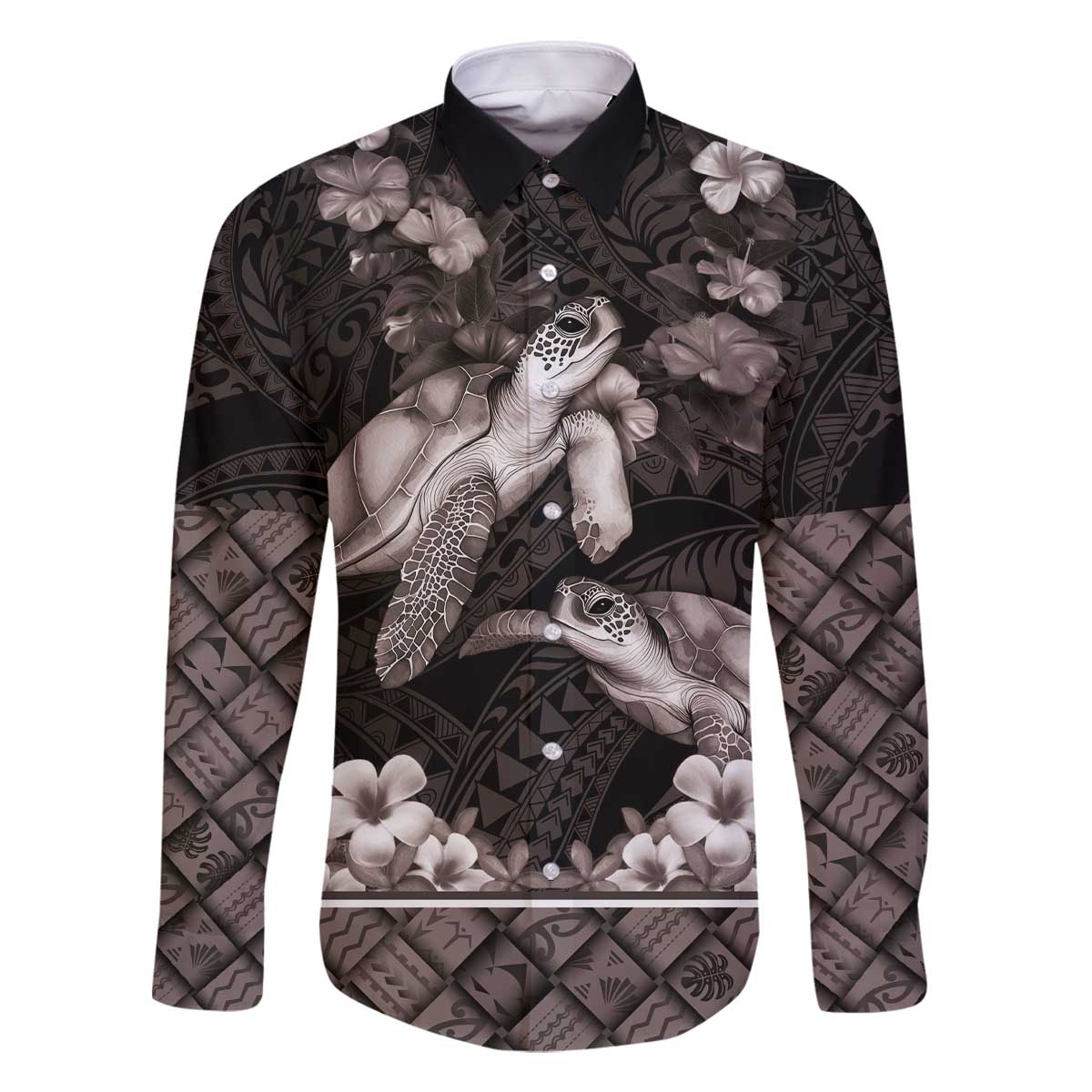 Hawaiian Lei Turtle and Plumeria Family Matching Off The Shoulder Long Sleeve Dress and Hawaiian Shirt Polynerian Art Tattoo-Grayscale Mode