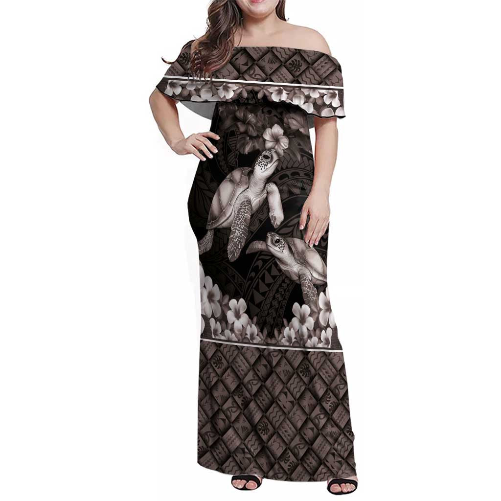 Hawaiian Lei Turtle and Plumeria Family Matching Off Shoulder Maxi Dress and Hawaiian Shirt Polynerian Art Tattoo-Grayscale Mode