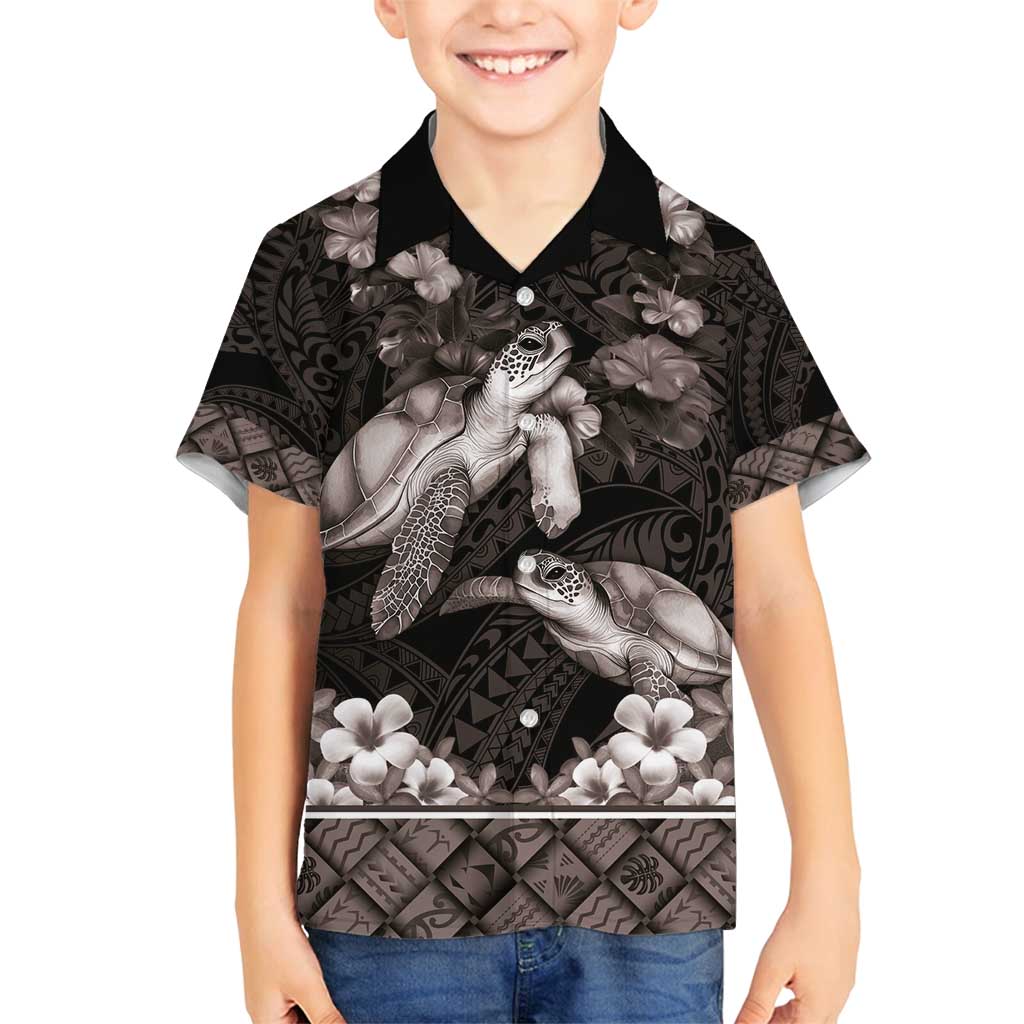 Hawaiian Lei Turtle and Plumeria Family Matching Off Shoulder Short Dress and Hawaiian Shirt Polynerian Art Tattoo-Grayscale Mode