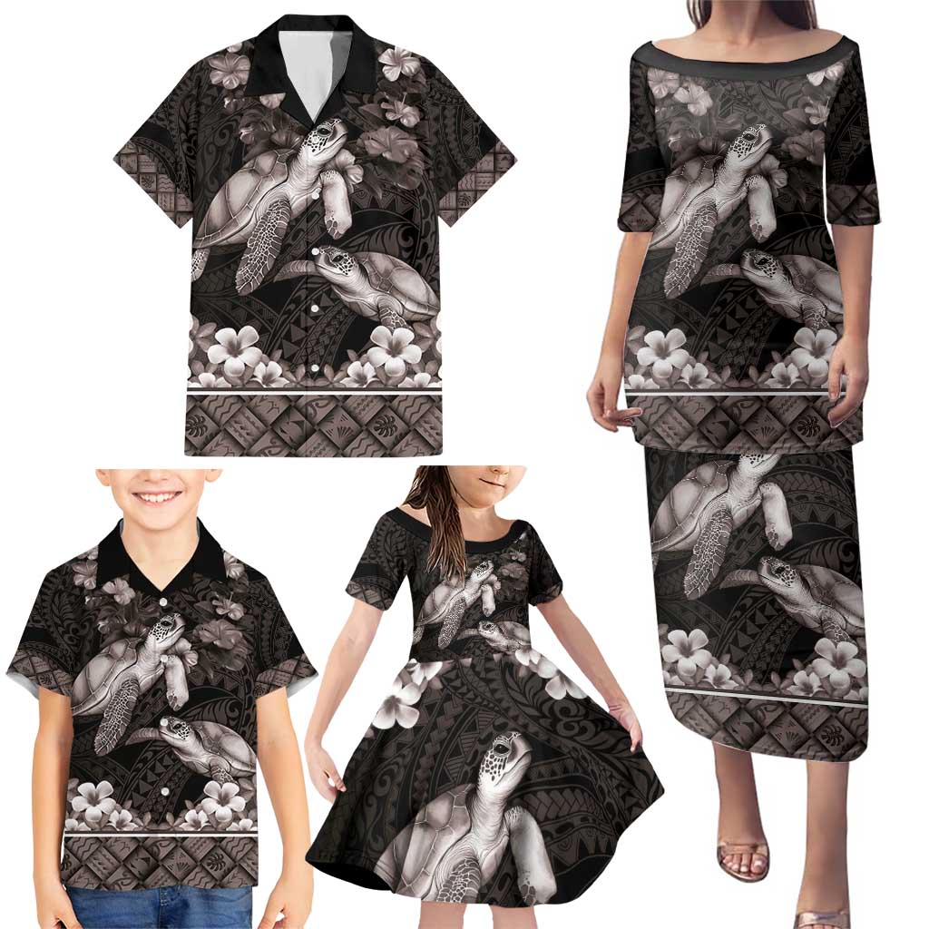 Hawaiian Lei Turtle and Plumeria Family Matching Puletasi and Hawaiian Shirt Polynerian Art Tattoo-Grayscale Mode