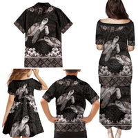 Hawaiian Lei Turtle and Plumeria Family Matching Puletasi and Hawaiian Shirt Polynerian Art Tattoo-Grayscale Mode