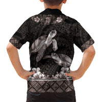 Hawaiian Lei Turtle and Plumeria Family Matching Short Sleeve Bodycon Dress and Hawaiian Shirt Polynerian Art Tattoo-Grayscale Mode