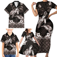 Hawaiian Lei Turtle and Plumeria Family Matching Short Sleeve Bodycon Dress and Hawaiian Shirt Polynerian Art Tattoo-Grayscale Mode