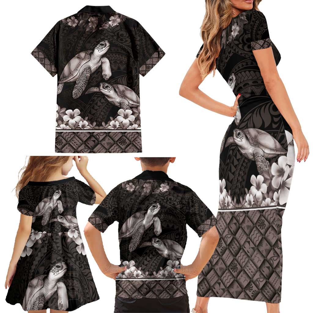 Hawaiian Lei Turtle and Plumeria Family Matching Short Sleeve Bodycon Dress and Hawaiian Shirt Polynerian Art Tattoo-Grayscale Mode