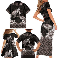 Hawaiian Lei Turtle and Plumeria Family Matching Short Sleeve Bodycon Dress and Hawaiian Shirt Polynerian Art Tattoo-Grayscale Mode