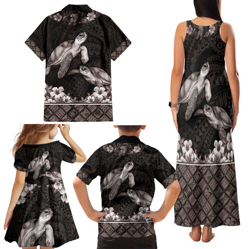 Hawaiian Lei Turtle and Plumeria Family Matching Tank Maxi Dress and Hawaiian Shirt Polynerian Art Tattoo-Grayscale Mode
