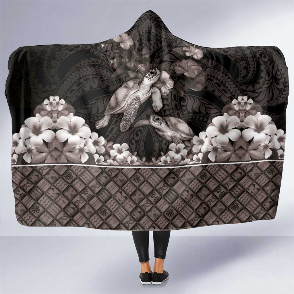 Hawaiian Lei Turtle and Plumeria Hooded Blanket Polynerian Art Tattoo-Grayscale Mode LT03 One Size Black - Polynesian Pride