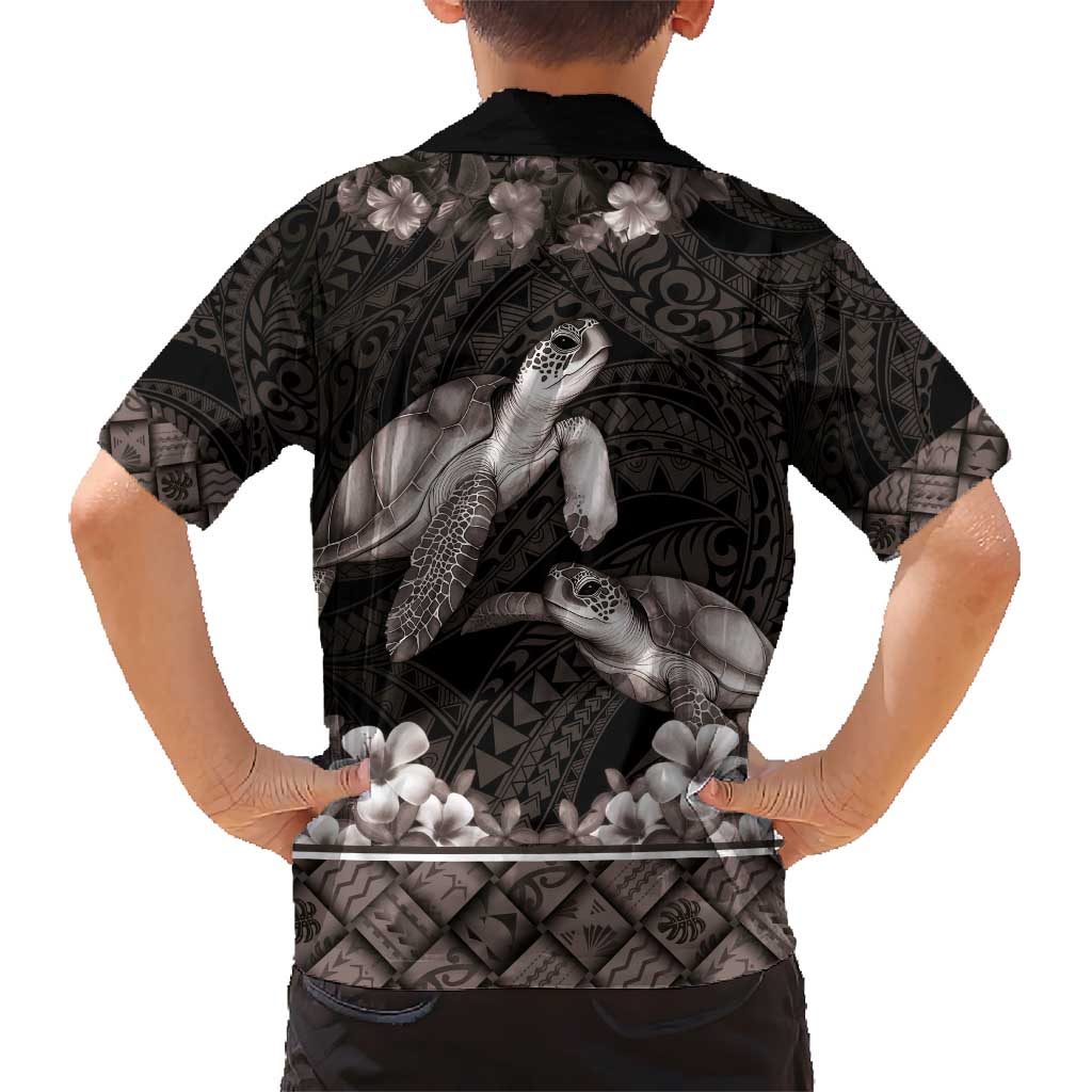 Hawaiian Lei Turtle and Plumeria Kid Hawaiian Shirt Polynerian Art Tattoo-Grayscale Mode