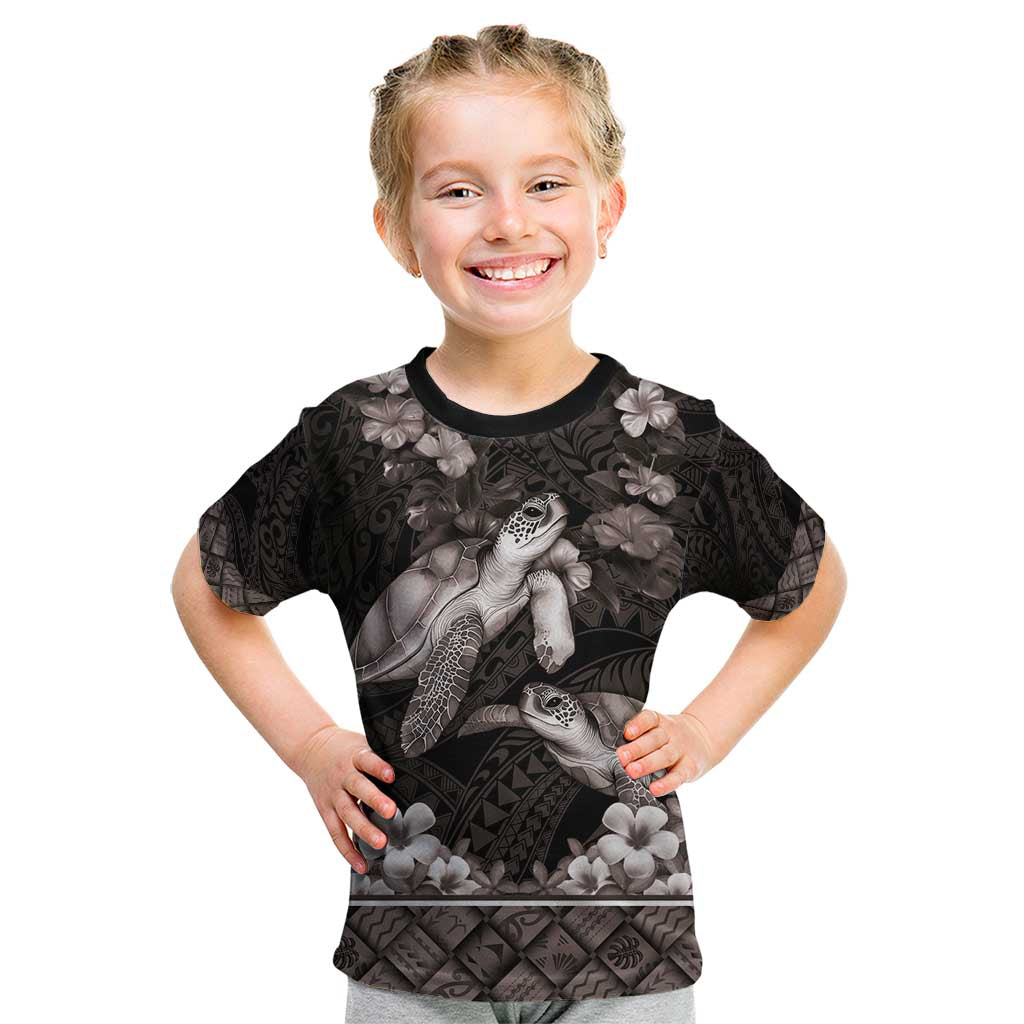 Hawaiian Lei Turtle and Plumeria Kid T Shirt Polynerian Art Tattoo-Grayscale Mode