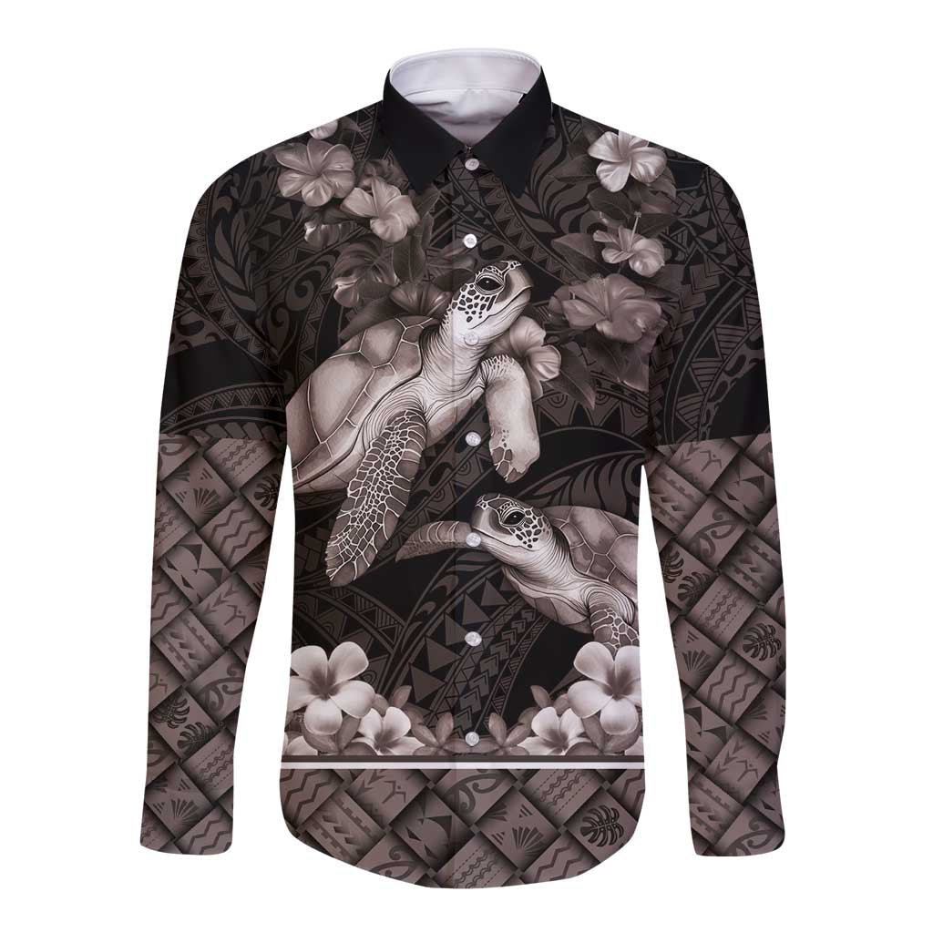 Hawaiian Lei Turtle and Plumeria Long Sleeve Button Shirt Polynerian Art Tattoo-Grayscale Mode LT03 Unisex Black - Polynesian Pride