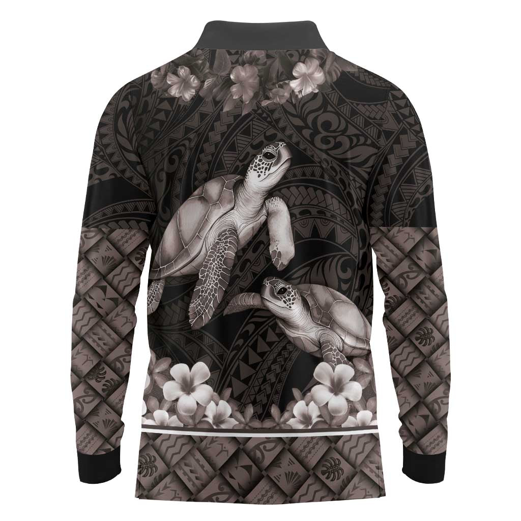 Hawaiian Lei Turtle and Plumeria Long Sleeve Polo Shirt Polynerian Art Tattoo-Grayscale Mode