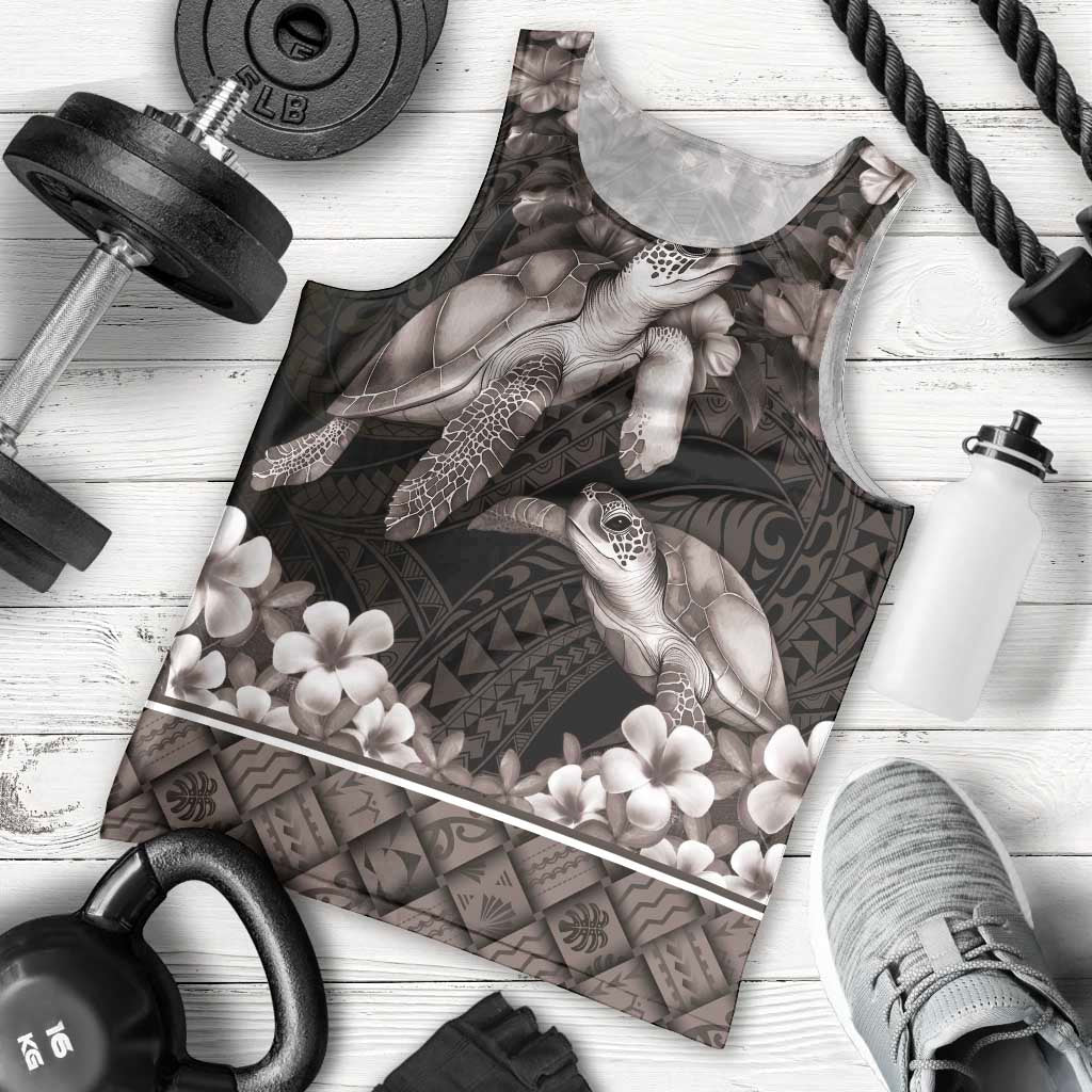 Hawaiian Lei Turtle and Plumeria Men Tank Top Polynerian Art Tattoo-Grayscale Mode LT03 - Polynesian Pride