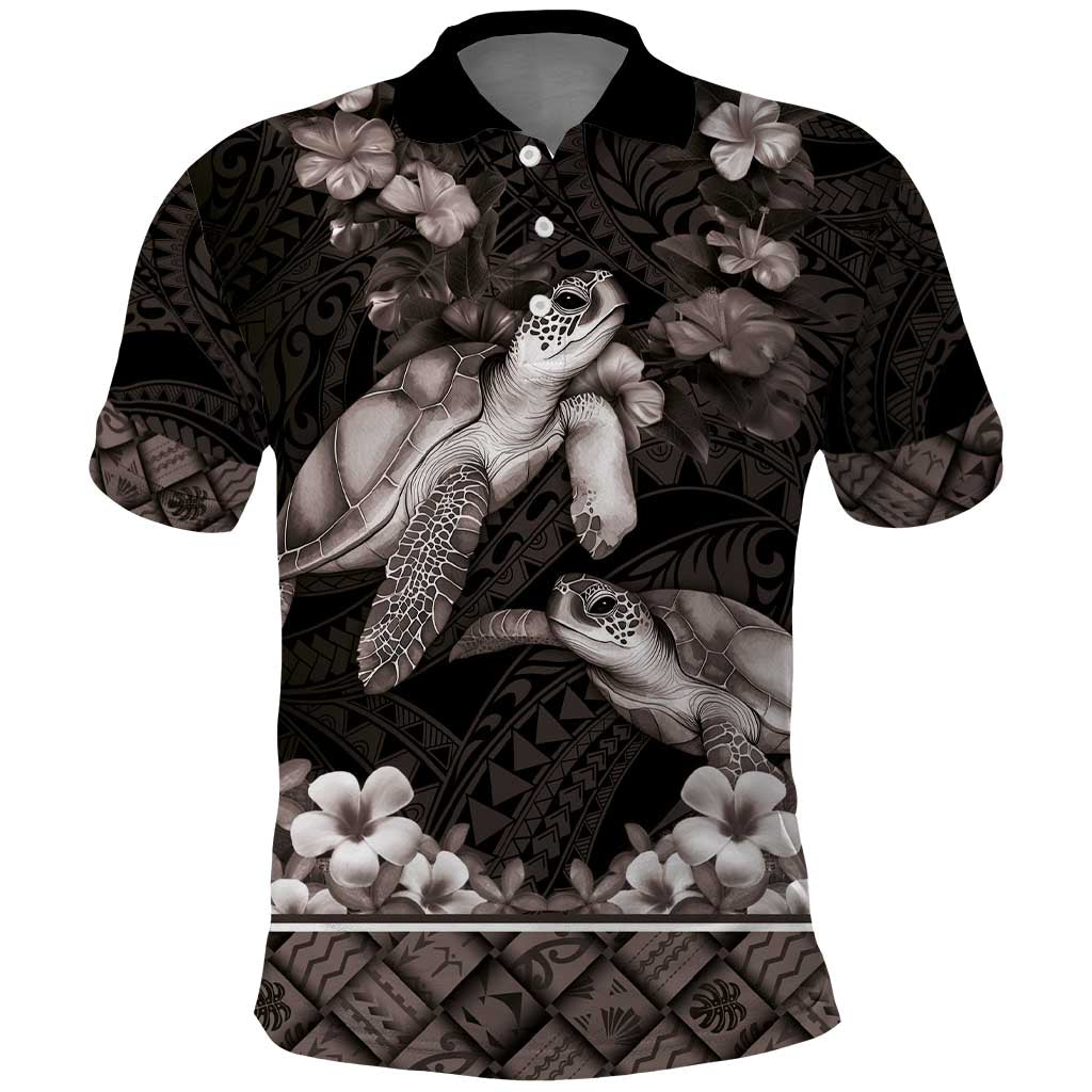 Hawaiian Lei Turtle and Plumeria Polo Shirt Polynerian Art Tattoo-Grayscale Mode