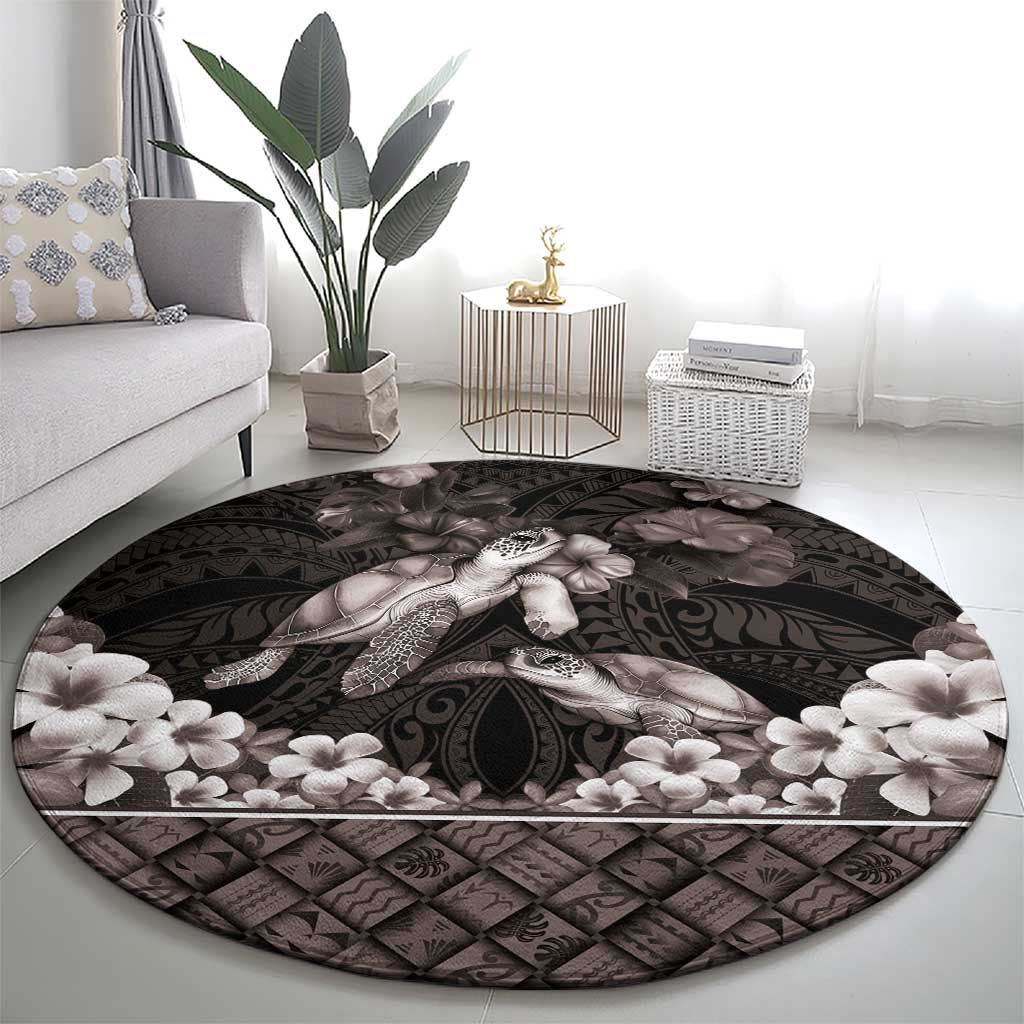 Hawaiian Lei Turtle and Plumeria Round Carpet Polynerian Art Tattoo-Grayscale Mode