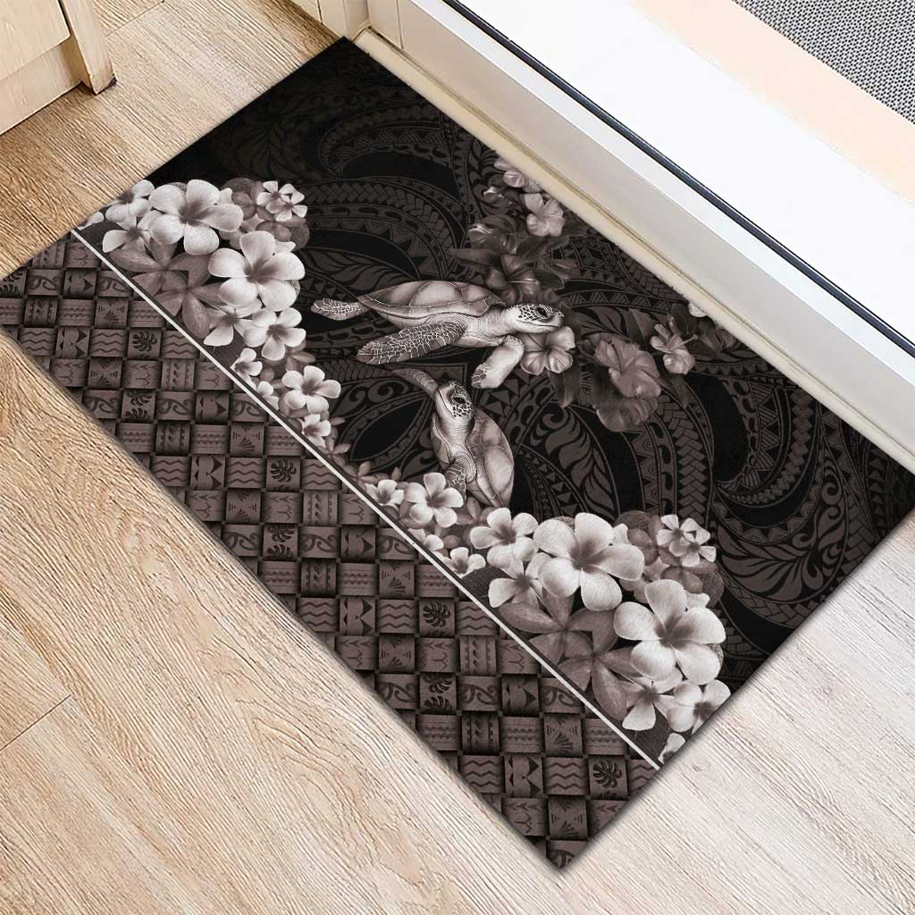 Hawaiian Lei Turtle and Plumeria Rubber Doormat Polynerian Art Tattoo-Grayscale Mode LT03 - Polynesian Pride