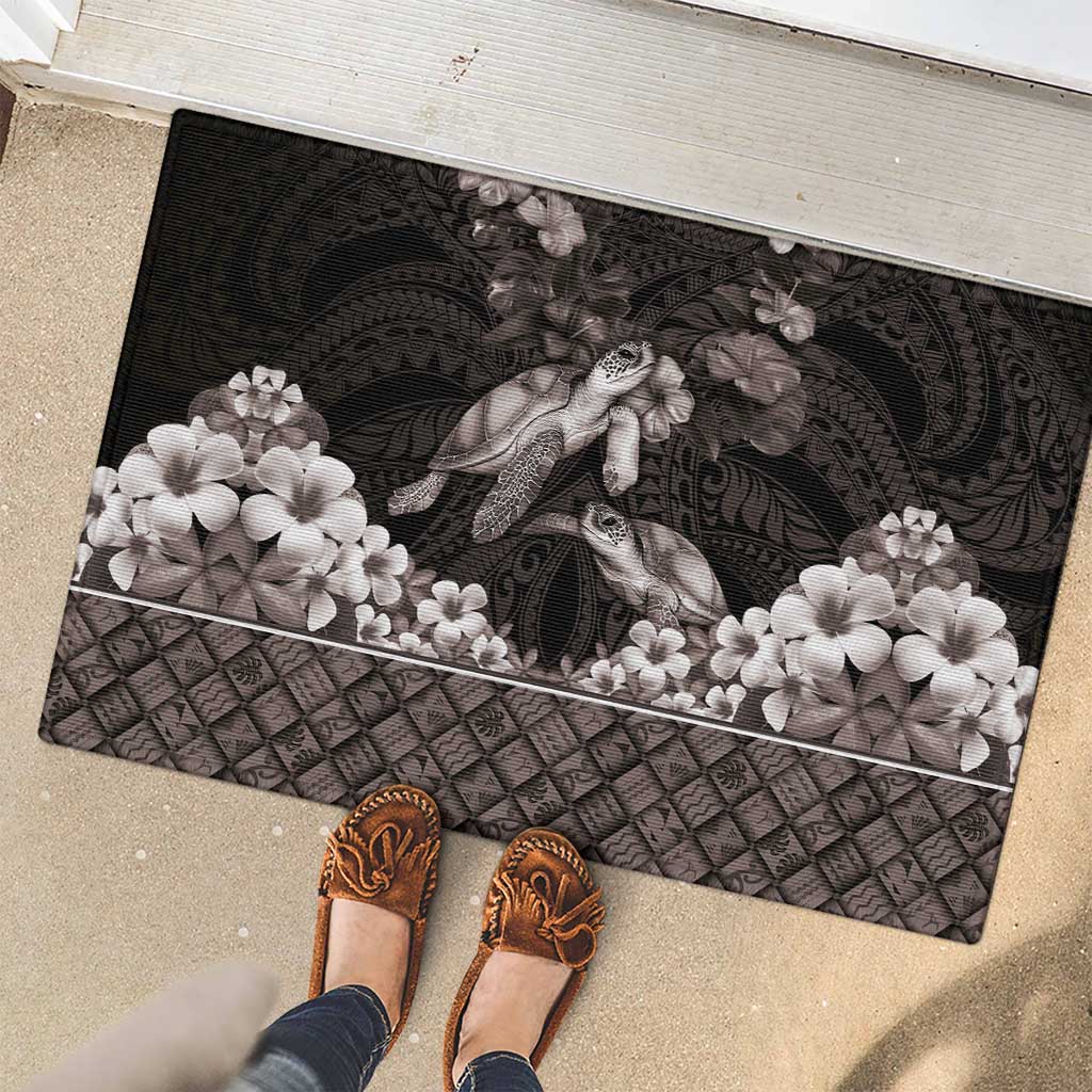 Hawaiian Lei Turtle and Plumeria Rubber Doormat Polynerian Art Tattoo-Grayscale Mode LT03 - Polynesian Pride
