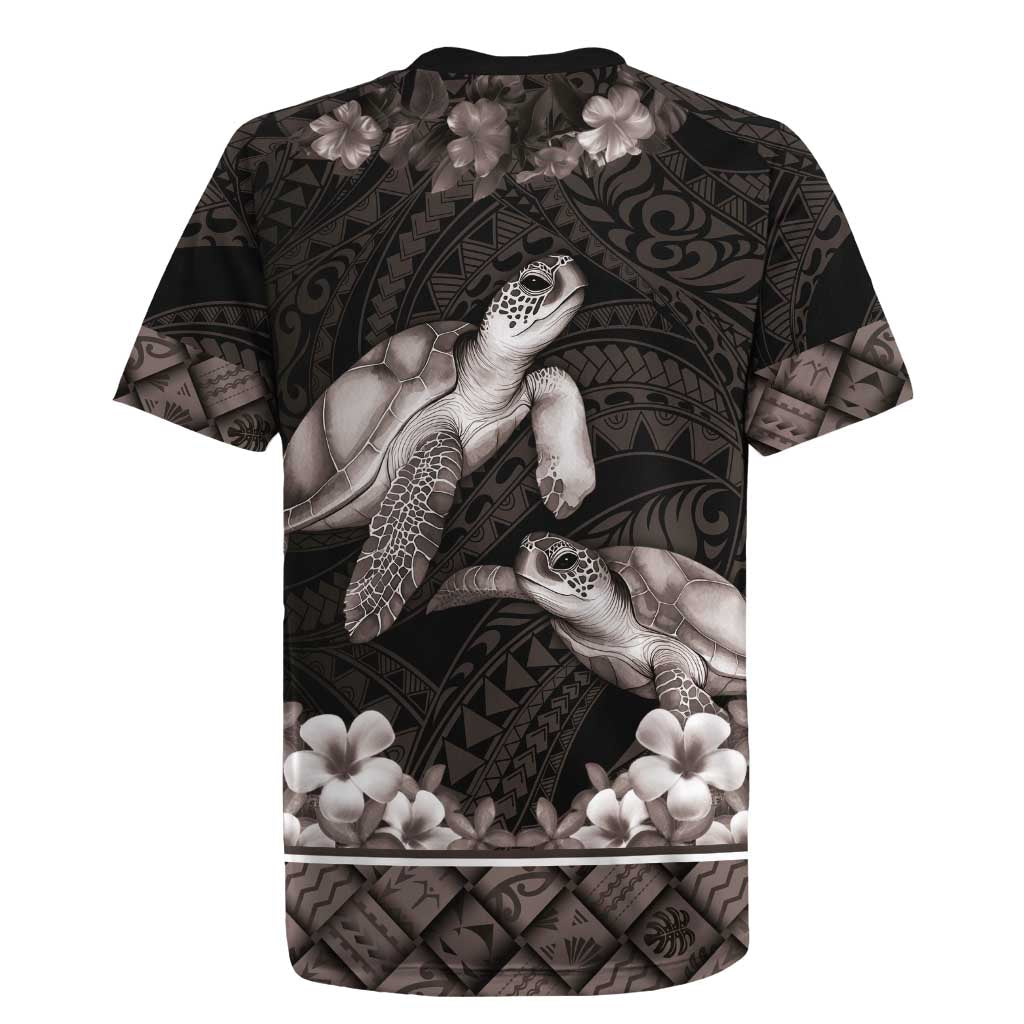 Hawaiian Lei Turtle and Plumeria Rugby Jersey Polynerian Art Tattoo-Grayscale Mode
