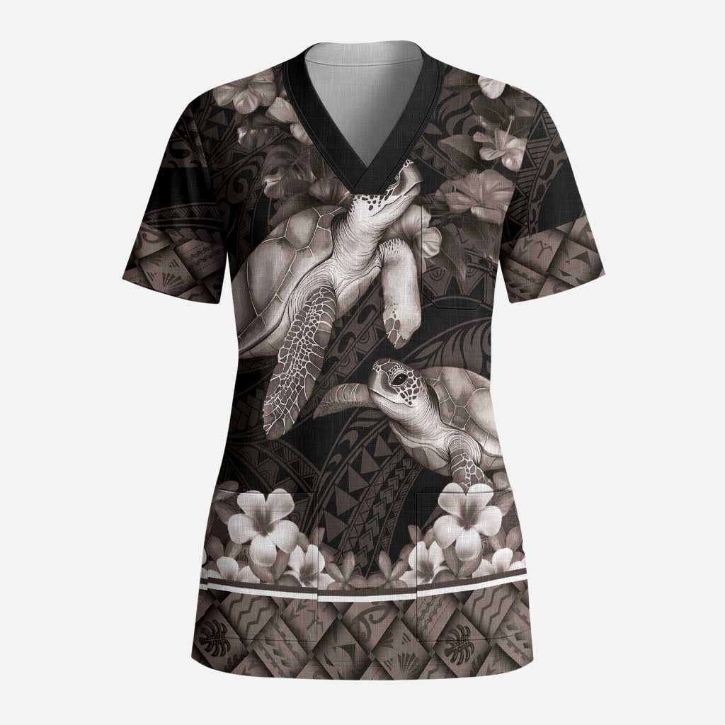 Hawaiian Lei Turtle and Plumeria Scrub Top Polynerian Art Tattoo-Grayscale Mode - Polynesian Pride
