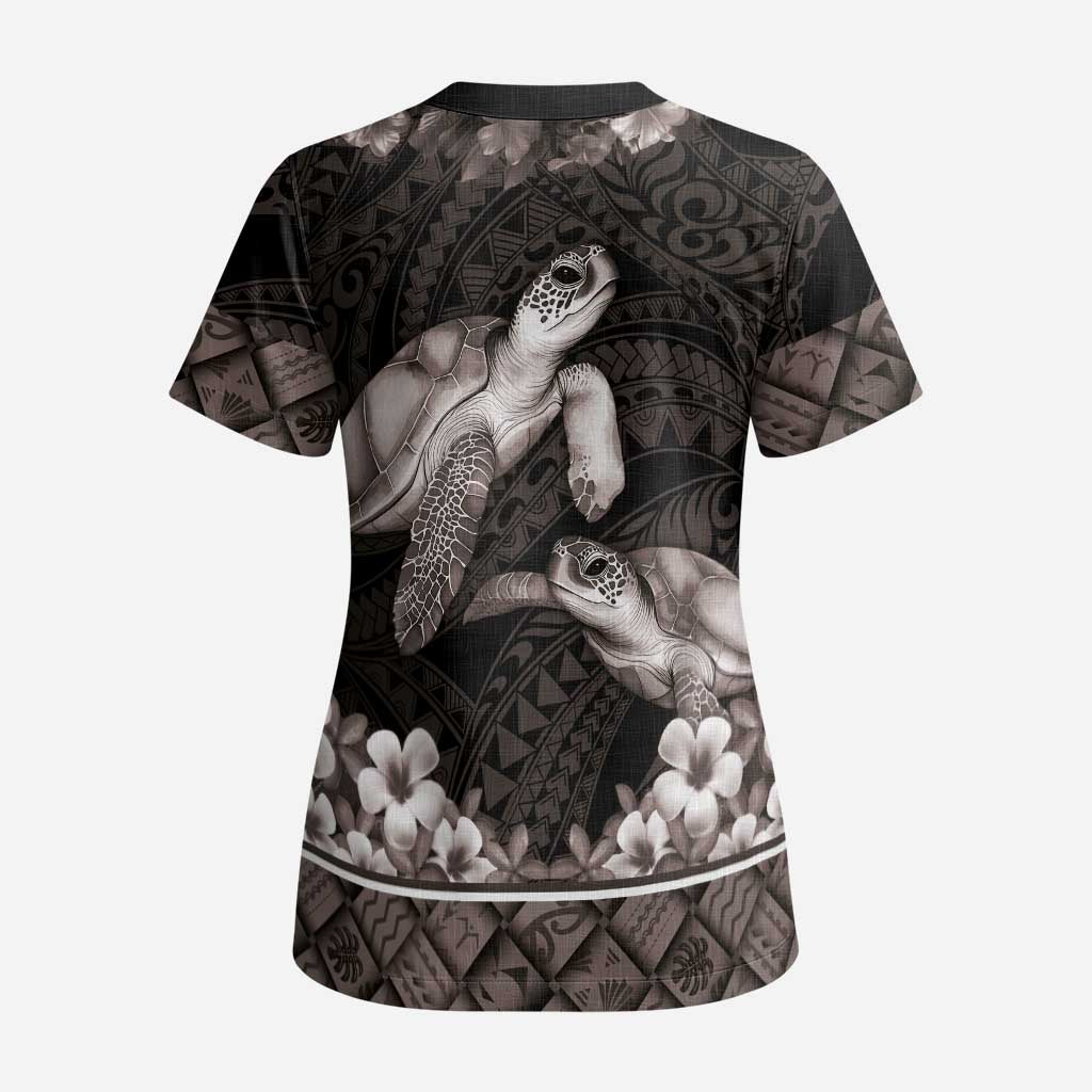 Hawaiian Lei Turtle and Plumeria Scrub Top Polynerian Art Tattoo-Grayscale Mode - Polynesian Pride