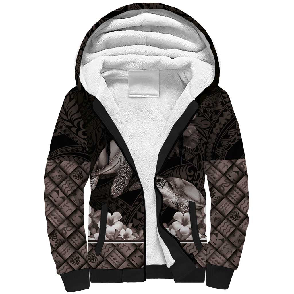 Hawaiian Lei Turtle and Plumeria Sherpa Hoodie Polynerian Art Tattoo-Grayscale Mode LT03 Unisex Black - Polynesian Pride