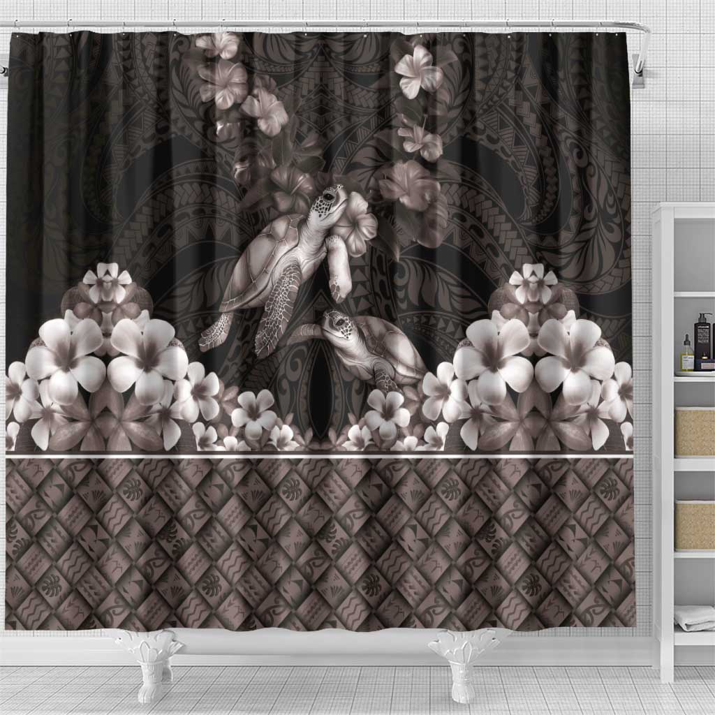 Hawaiian Lei Turtle and Plumeria Shower Curtain Polynerian Art Tattoo-Grayscale Mode