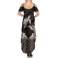 Hawaiian Lei Turtle and Plumeria Summer Maxi Dress Polynerian Art Tattoo-Grayscale Mode