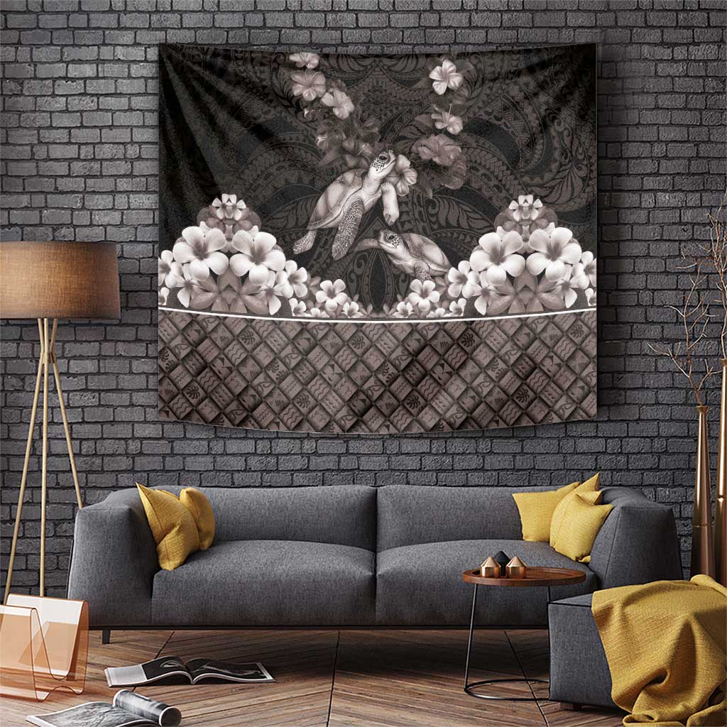Hawaiian Lei Turtle and Plumeria Tapestry Polynerian Art Tattoo-Grayscale Mode