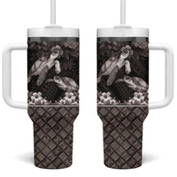 Hawaiian Lei Turtle and Plumeria Tumbler With Handle Polynerian Art Tattoo-Grayscale Mode LT03 One Size: 40 oz Black - Polynesian Pride