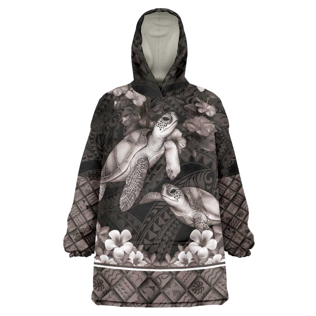 Hawaiian Lei Turtle and Plumeria Wearable Blanket Hoodie Polynerian Art Tattoo-Grayscale Mode LT03 One Size Black - Polynesian Pride