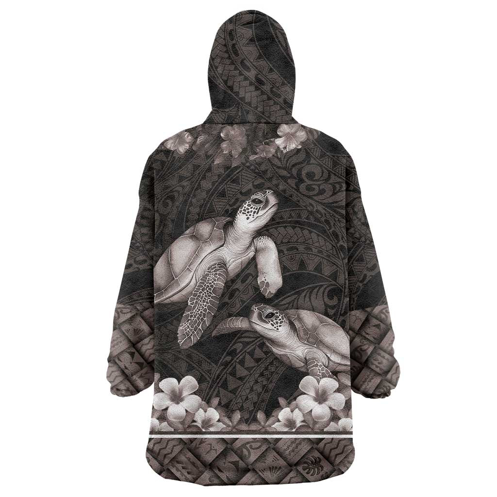Hawaiian Lei Turtle and Plumeria Wearable Blanket Hoodie Polynerian Art Tattoo-Grayscale Mode LT03 - Polynesian Pride