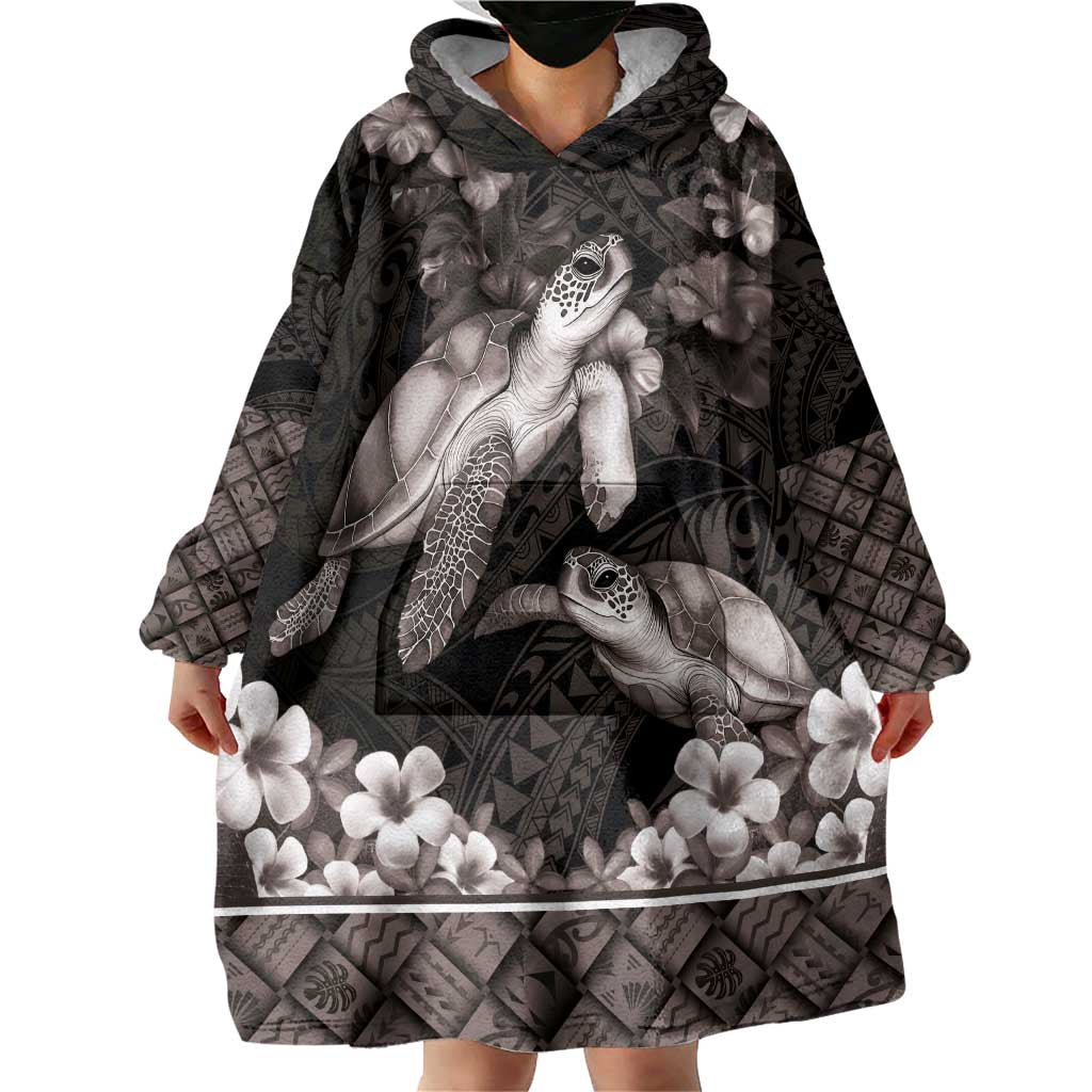 Hawaiian Lei Turtle and Plumeria Wearable Blanket Hoodie Polynerian Art Tattoo-Grayscale Mode LT03 - Polynesian Pride