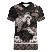 Hawaiian Lei Turtle and Plumeria Women V-Neck T-Shirt Polynerian Art Tattoo-Grayscale Mode