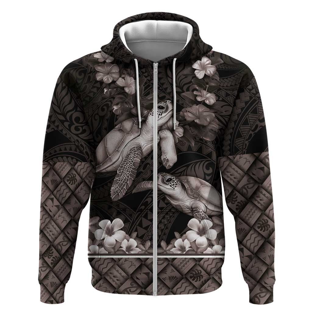Hawaiian Lei Turtle and Plumeria Zip Hoodie Polynerian Art Tattoo-Grayscale Mode