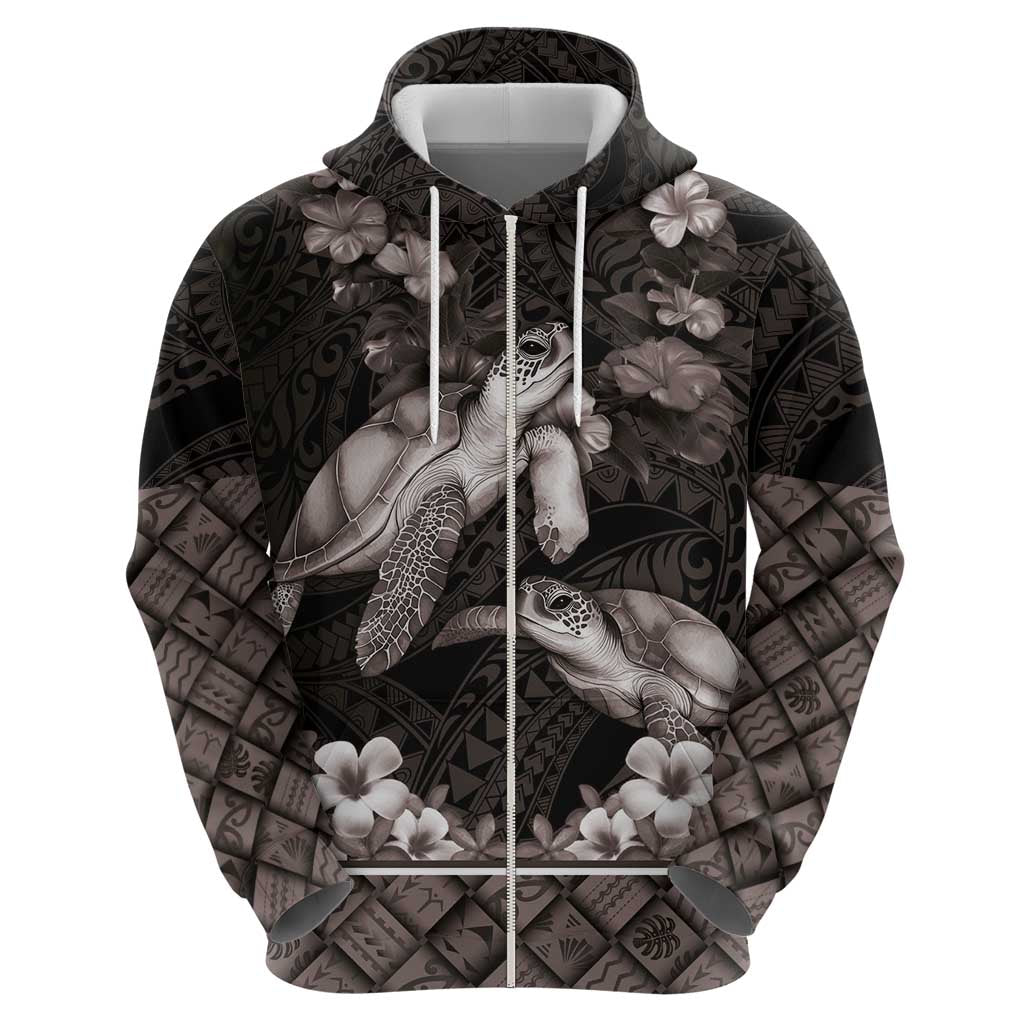 Hawaiian Lei Turtle and Plumeria Zip Hoodie Polynerian Art Tattoo-Grayscale Mode