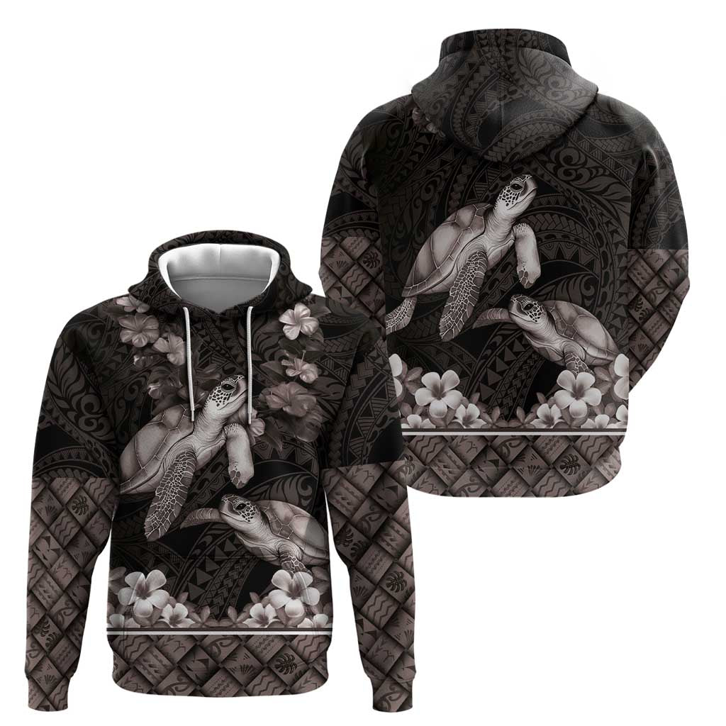 Hawaiian Lei Turtle and Plumeria Zip Hoodie Polynerian Art Tattoo-Grayscale Mode