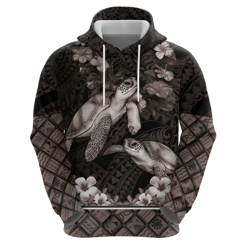 Hawaiian Lei Turtle and Plumeria Zip Hoodie Polynerian Art Tattoo-Grayscale Mode