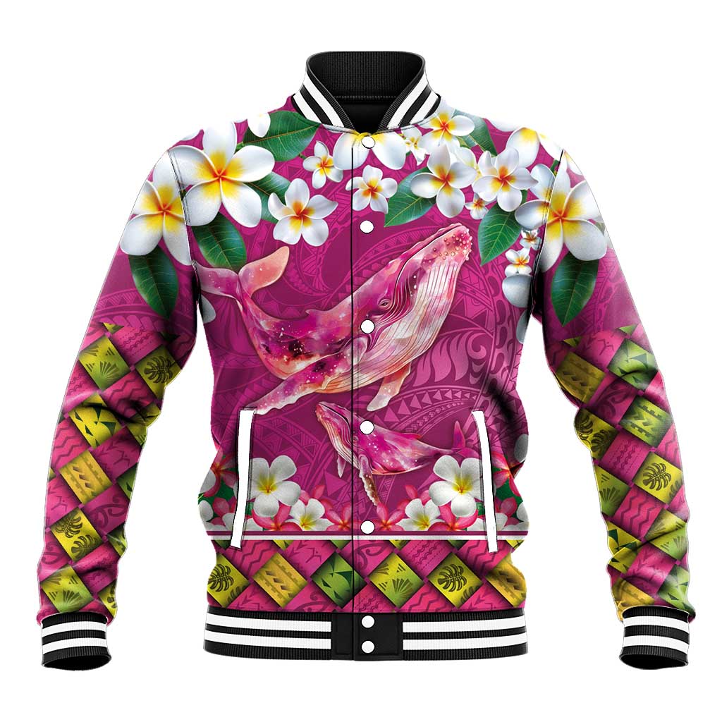 Hawaiian Plumeria and Humpback Whales Baseball Jacket Polynerian Art Tattoo-Plum Pink Color