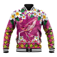 Hawaiian Plumeria and Humpback Whales Baseball Jacket Polynerian Art Tattoo-Plum Pink Color