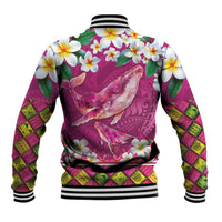 Hawaiian Plumeria and Humpback Whales Baseball Jacket Polynerian Art Tattoo-Plum Pink Color