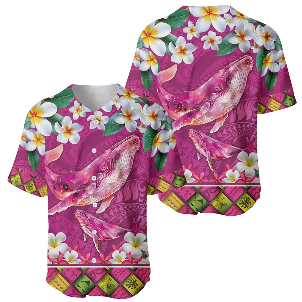 Hawaiian Plumeria and Humpback Whales Baseball Jersey Polynerian Art Tattoo-Plum Pink Color