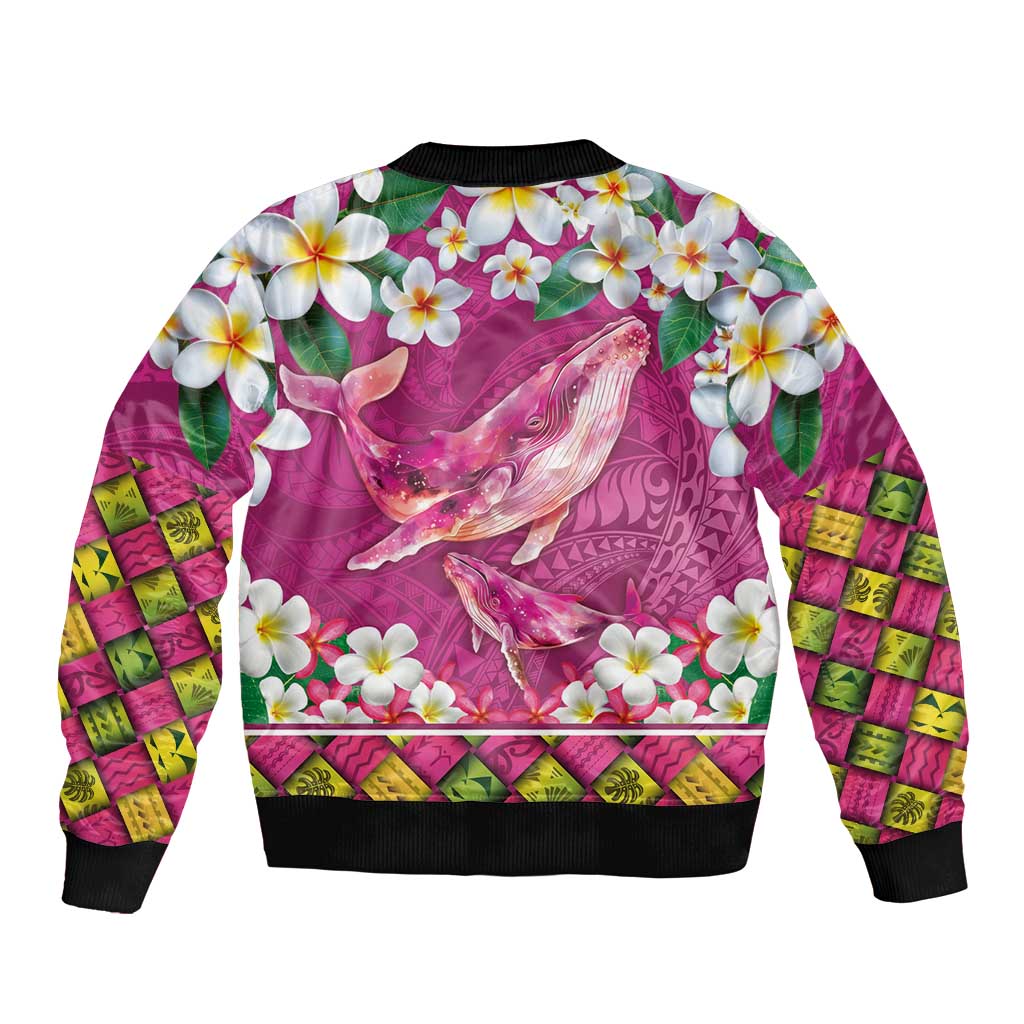 Hawaiian Plumeria and Humpback Whales Bomber Jacket Polynerian Art Tattoo-Plum Pink Color