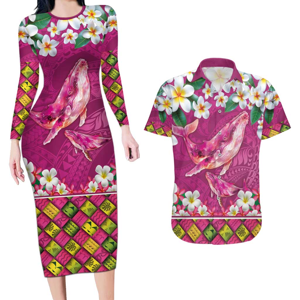 Hawaiian Plumeria and Humpback Whales Couples Matching Long Sleeve Bodycon Dress and Hawaiian Shirt Polynerian Art Tattoo-Plum Pink Color