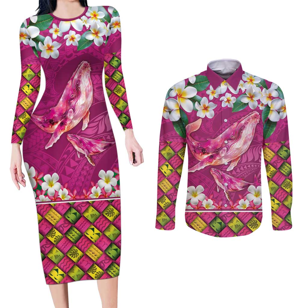 Hawaiian Plumeria and Humpback Whales Couples Matching Long Sleeve Bodycon Dress and Long Sleeve Button Shirt Polynerian Art Tattoo-Plum Pink Color LT03 Pink - Polynesian Pride