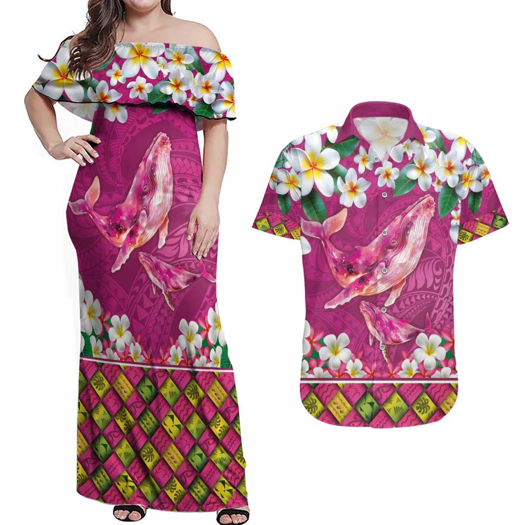 Hawaiian Plumeria and Humpback Whales Couples Matching Off Shoulder Maxi Dress and Hawaiian Shirt Polynerian Art Tattoo-Plum Pink Color LT03 Pink - Polynesian Pride